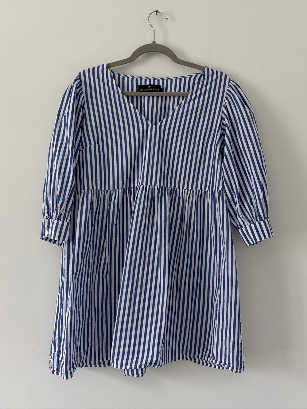 Tuckernuck Pomander Place Lizzie White Blue Stripe V neck Cotton Mini Boho Dress